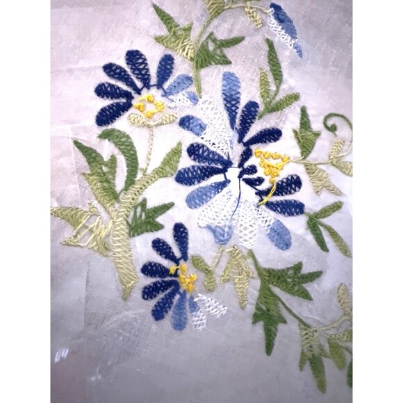 VTG Embroidered Sheer Table Cover 4 Matching Beverage Napkins Blue Green Floral - Picture 6 of 16